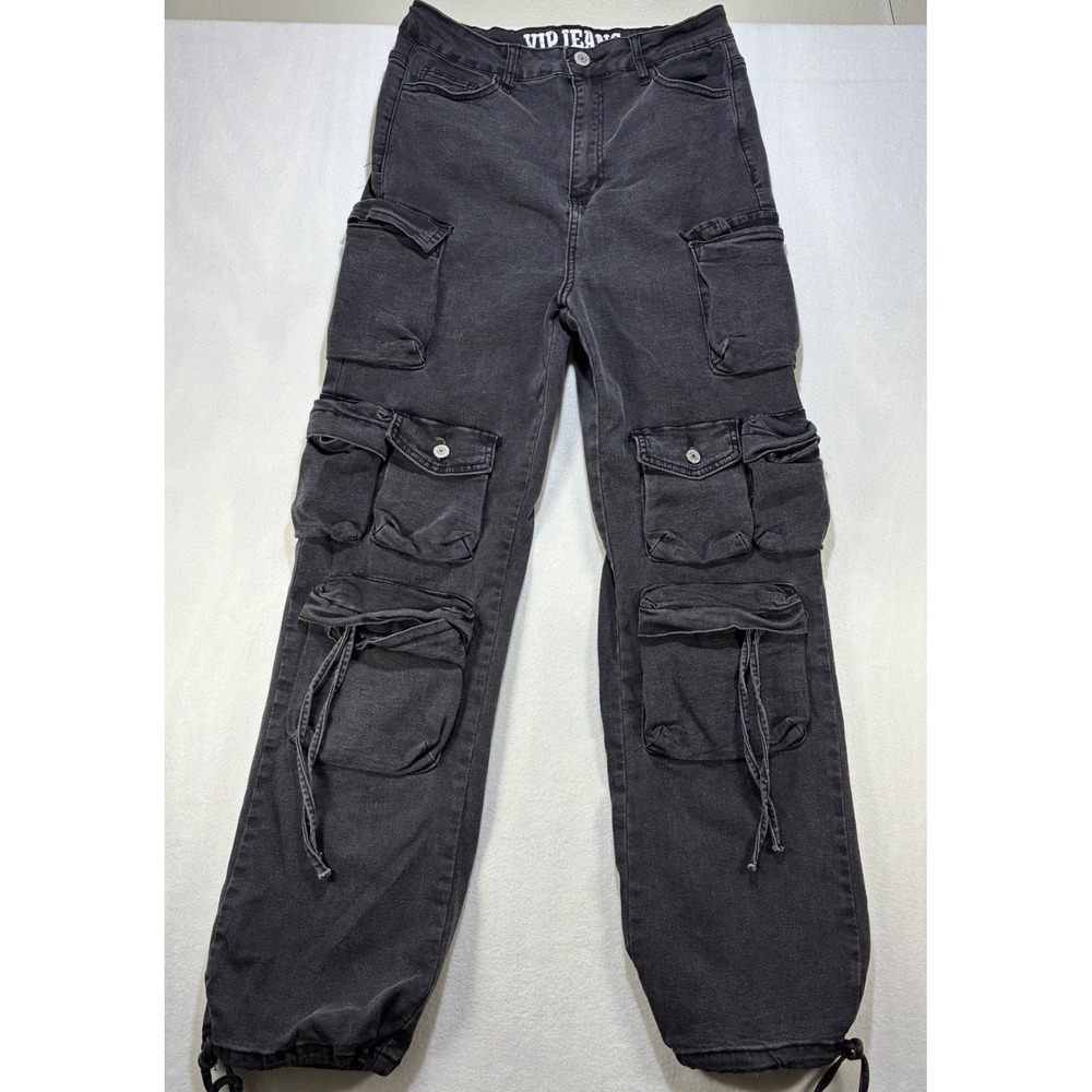 VIP Jeans Cargo Utility Pants Womens 11/12 Multi Pocket High Rise Black Denim